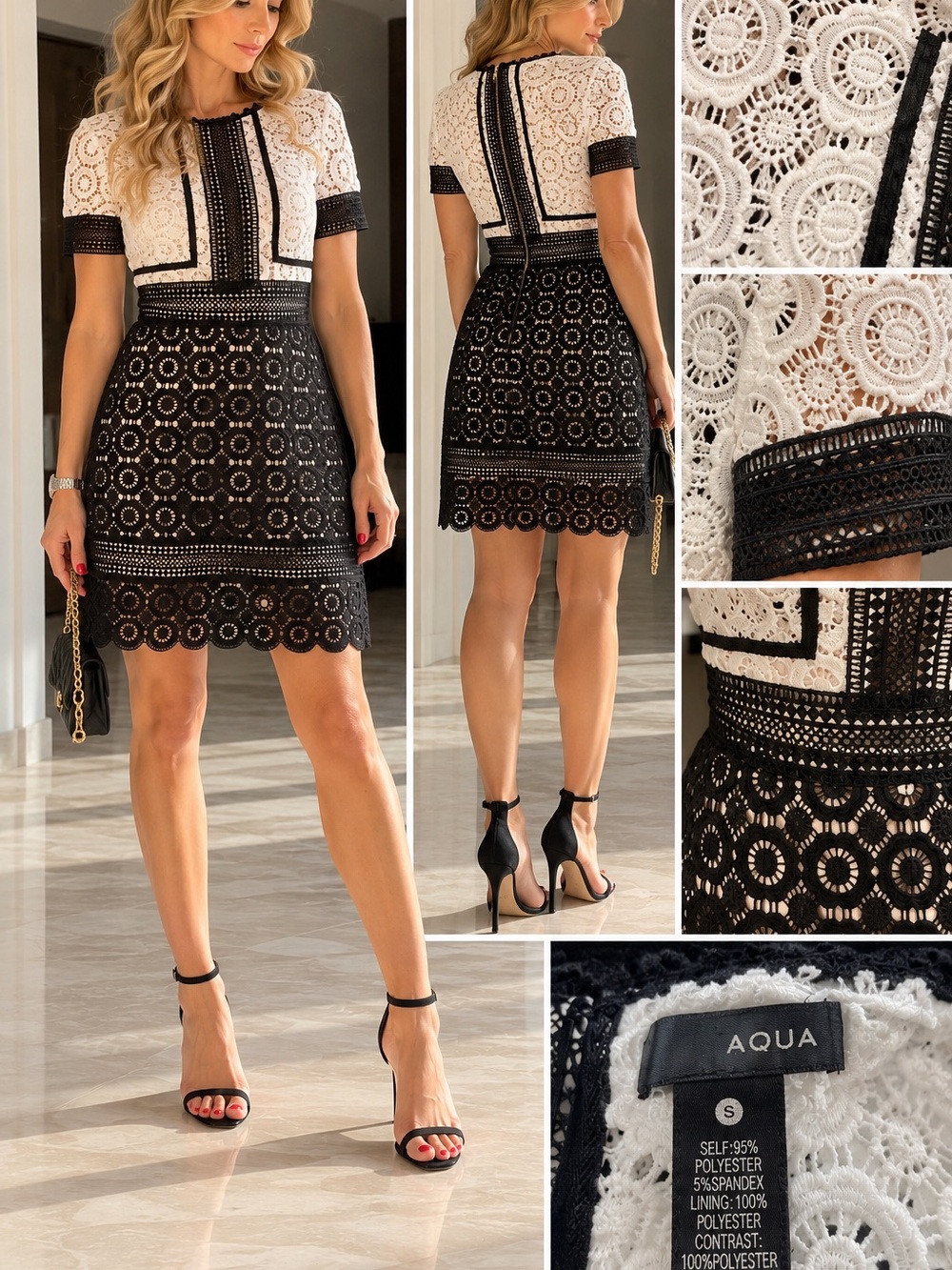 Aqua Black and White Crochet Lace Mini Dress